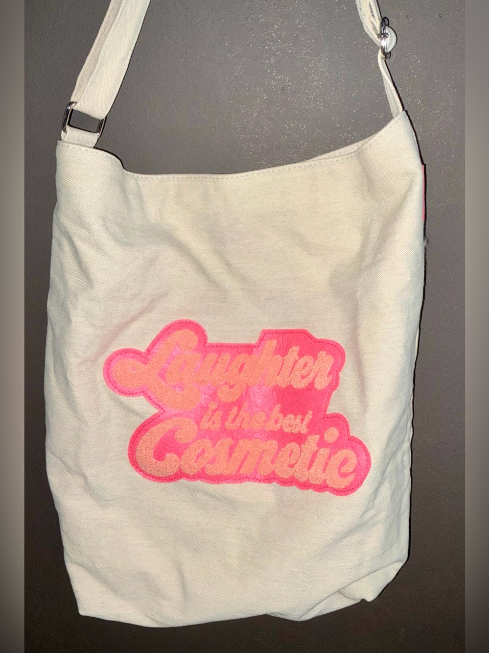 Benefit Cream Canvas Shoulder Bag with Pink Script Patch